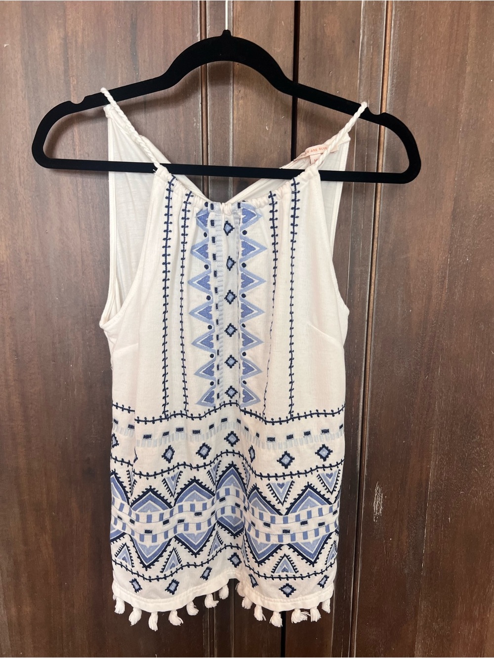 Skies Are Blue White Embroidered Tank with Braided Straps